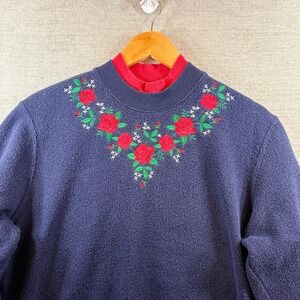 Vintage Bon Worth Navy Blue Floral Embroidered‎ Fleece Mock Neck Sweatshirt Smal